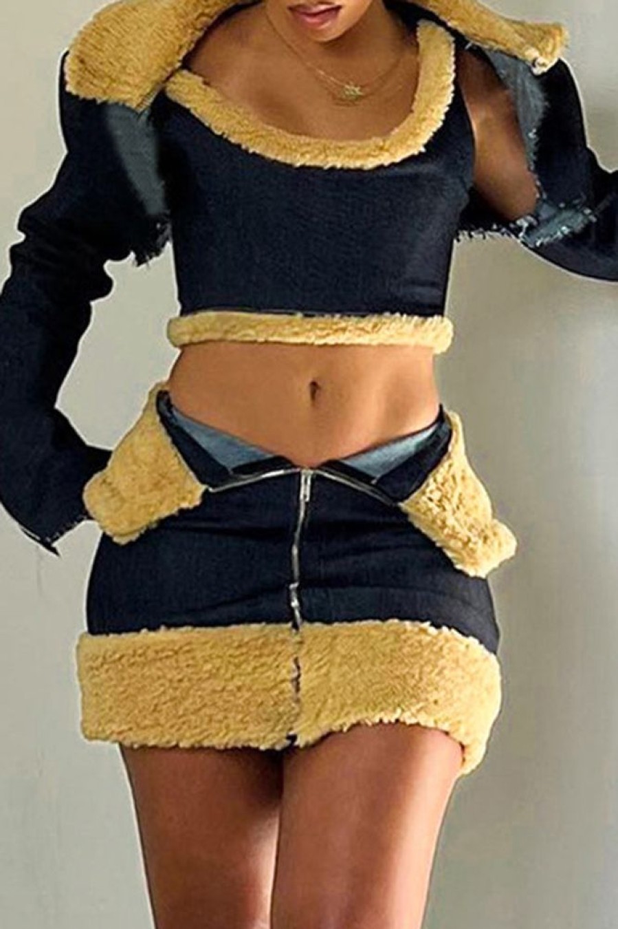 2-Pieces female | Sexy Faux Fur Patchwork Denim Lapel Short Coat Vest Short Skirt Three-Piece Suits Navy Blue