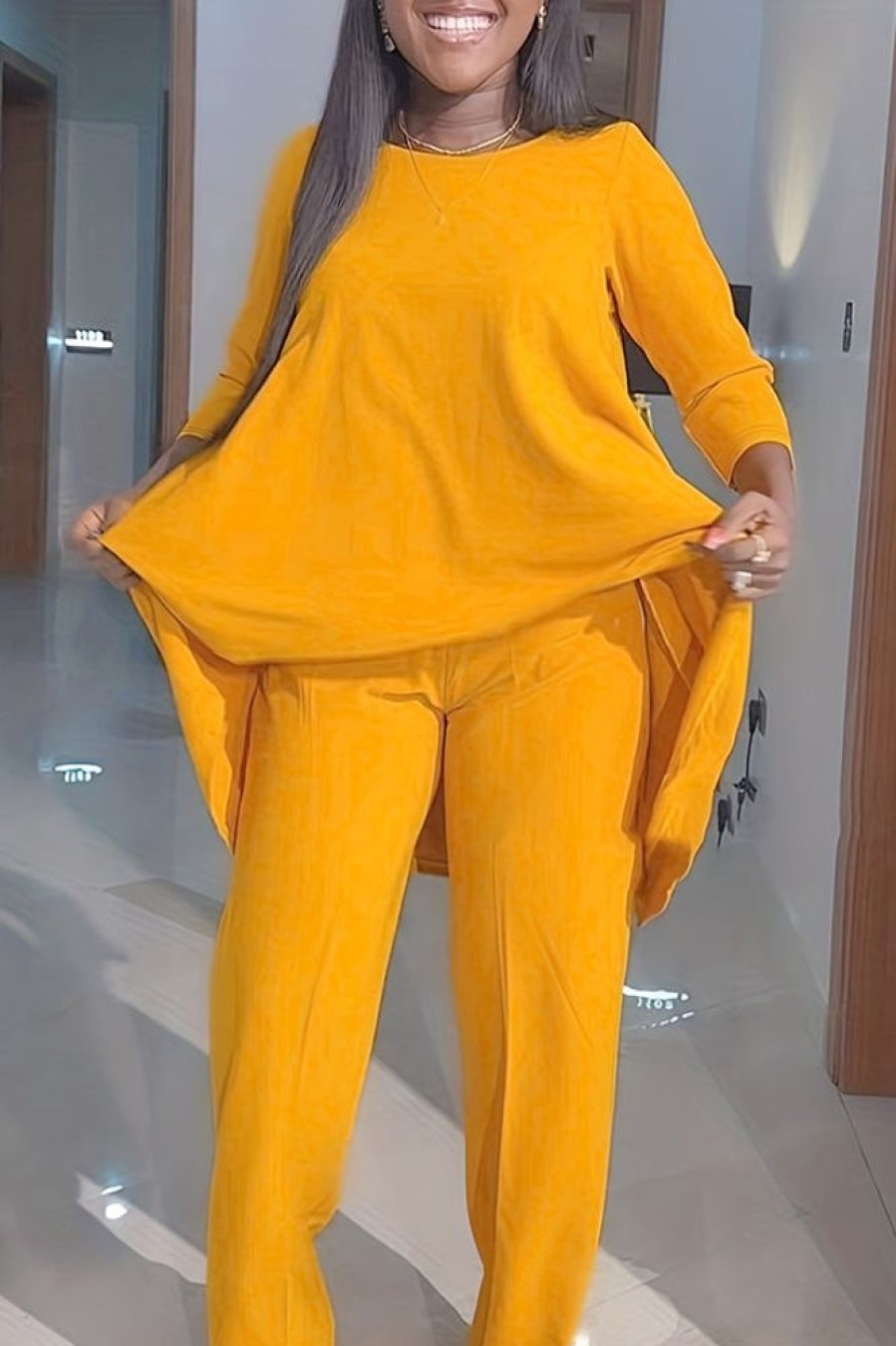 2-Pieces female | Stylish Solid Color Large Size Long Sleeve Suit Yellow