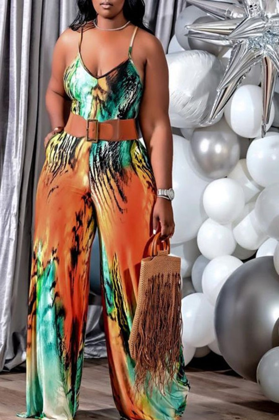 Jumpsuits & Rompers female | Casual Printed Sling Plus Size Jumpsuit (Not Including Belt)