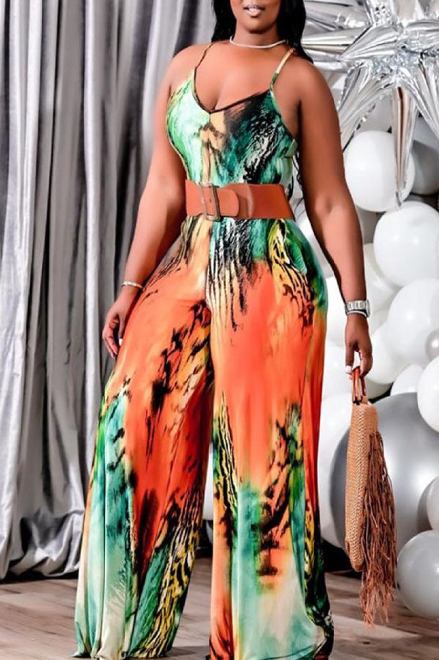 Jumpsuits & Rompers female | Casual Printed Sling Plus Size Jumpsuit (Not Including Belt)