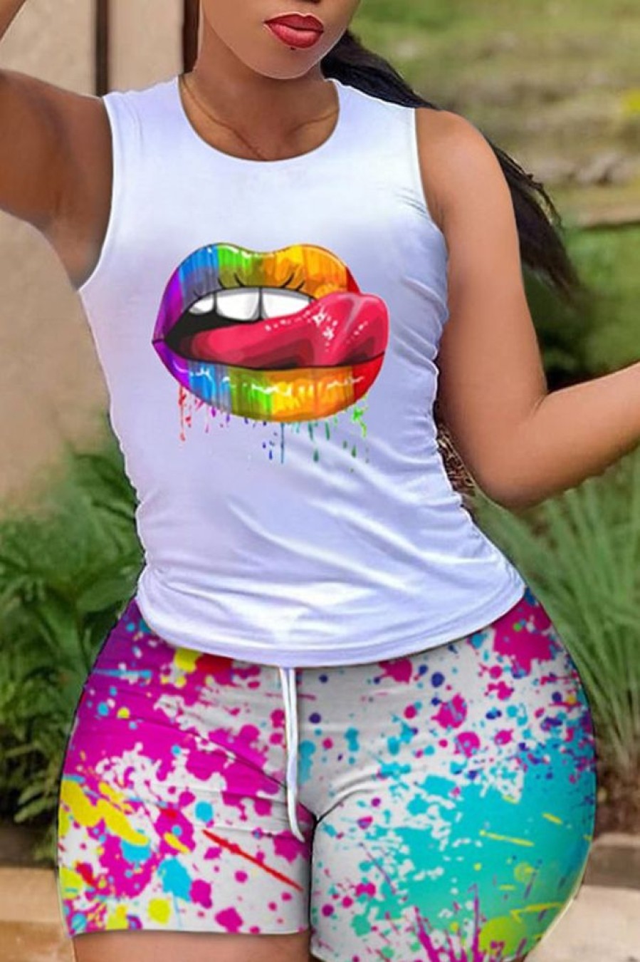 2-Pieces female | Personalized Printing Sleeveless Vest Casual Shorts Two-Piece Set