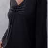 Tops & Outerwear female | V-Neck Ruched Solid Long Sleeve T-Shirt Black