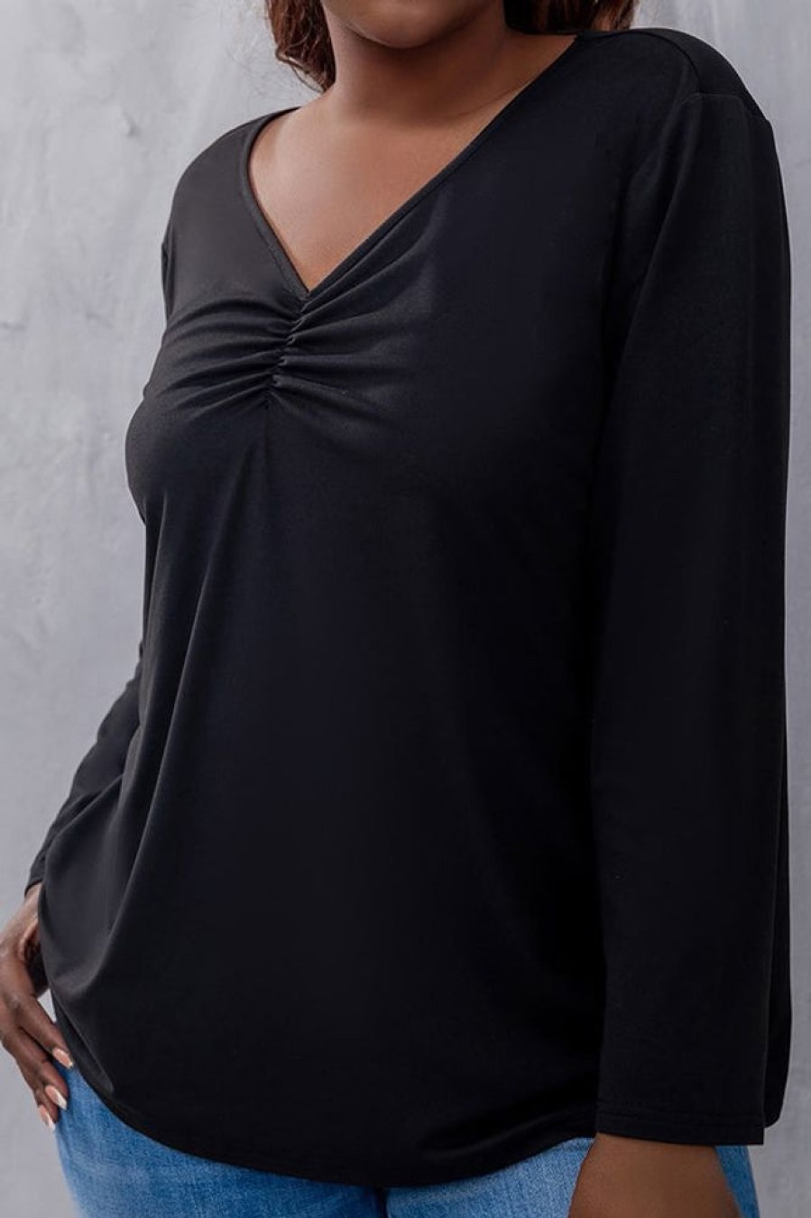 Tops & Outerwear female | V-Neck Ruched Solid Long Sleeve T-Shirt Black