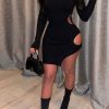 Dresses female | Sexy High Neck Ribbed Hollow Out Dress Black