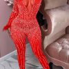 Jumpsuits & Rompers female | Mesh Hot Diamond V-Neck Long Sleeve Feather Jumpsuit