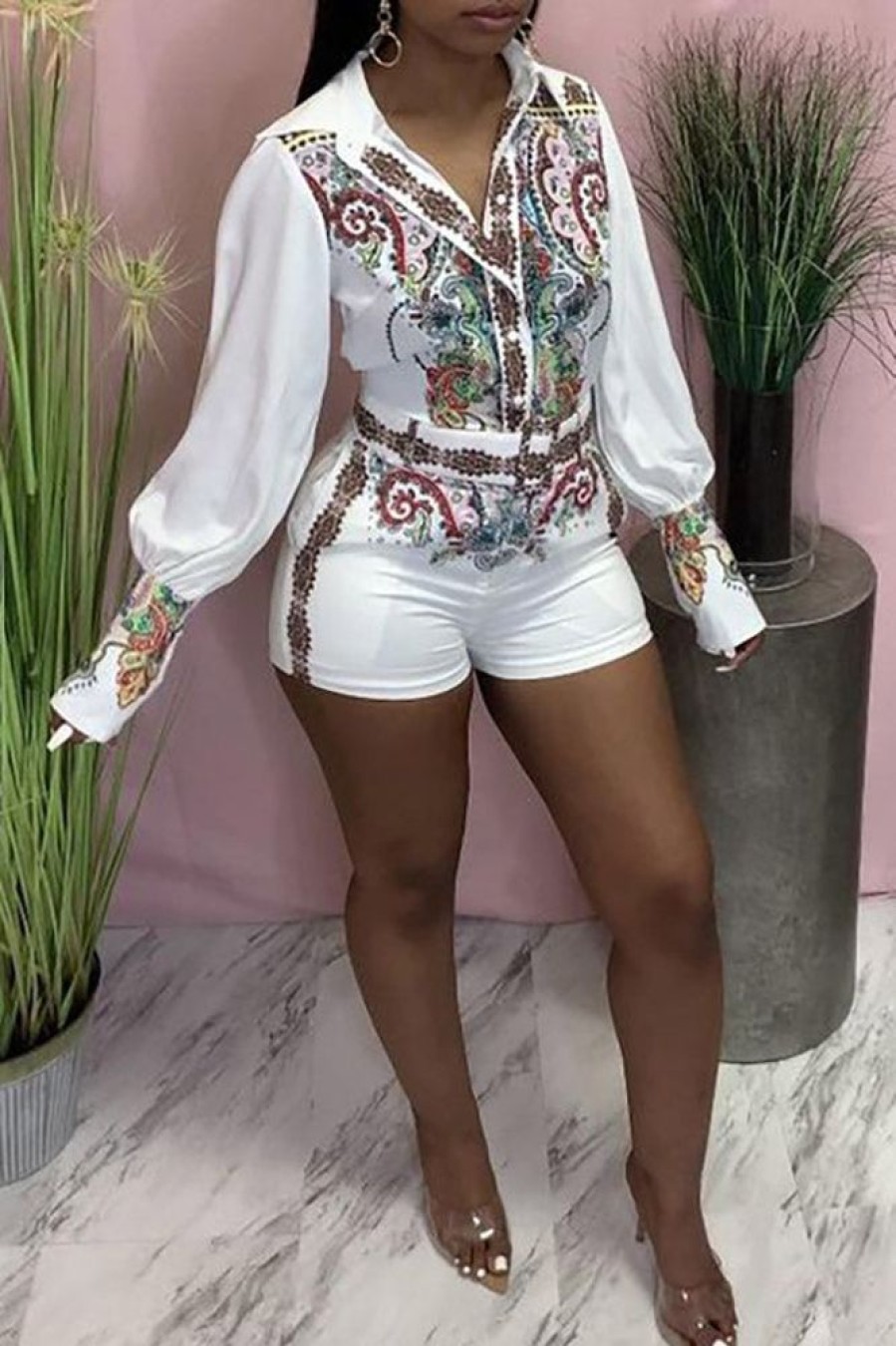 Jumpsuits & Rompers female | Fashion Positioning Printed Shirt Collar Belt Rompers