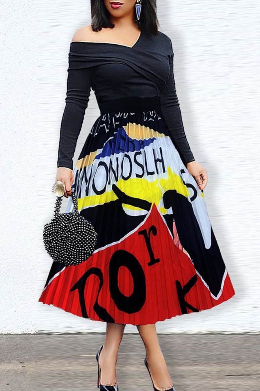 Bottoms female | Fashion Cartoon Print Pleated High Waist Long Skirt