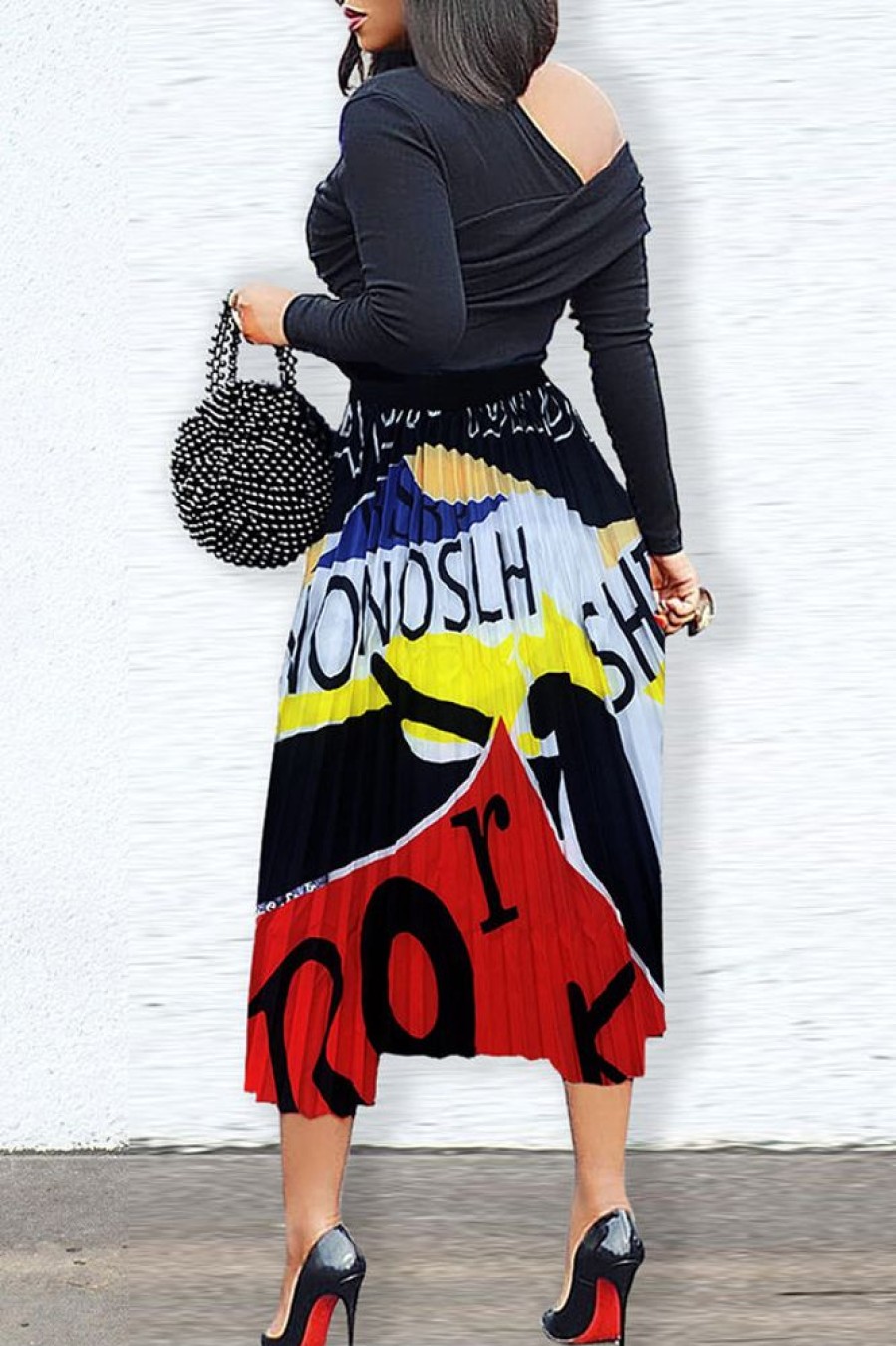 Bottoms female | Fashion Cartoon Print Pleated High Waist Long Skirt