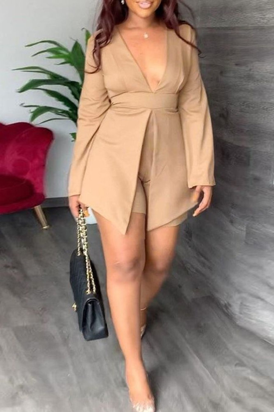 Jumpsuits & Rompers female | Sexy Personality Deep V Suit Jumpsuit Khaki