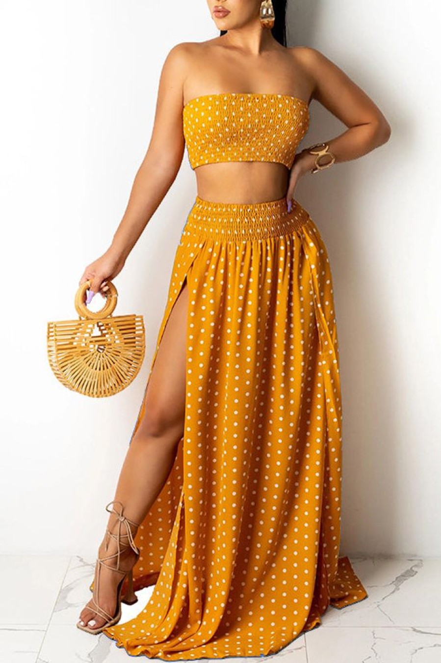 2-Pieces female | Polka Dot Bandeau Top & Split Side Dress Set