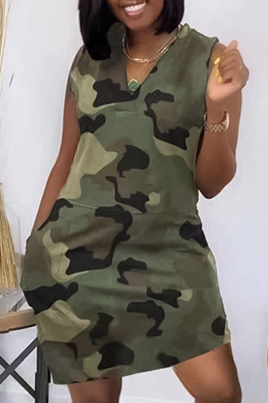 Dresses female | Camouflage V-Neck Pocket Dress