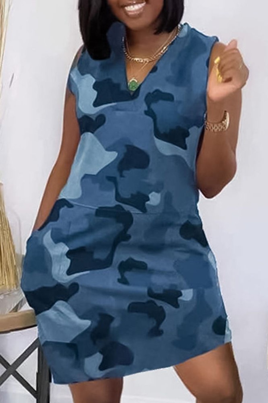 Dresses female | Camouflage V-Neck Pocket Dress