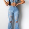 Bottoms female | Ripped Fringed Washed Flared Jeans