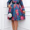 Dresses female | Temperament Long Sleeve Flower Print Pleated Midi Dress Without Belt Multicolor