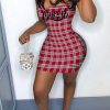 Dresses female | Sexy Letter Print Suspender Plaid Mini Dress Red