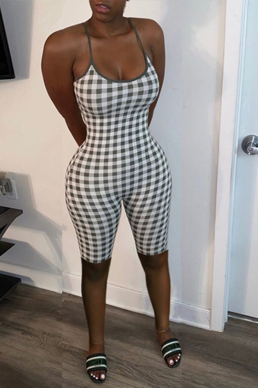 Jumpsuits & Rompers female | U Collar Plaid Spaghetti Straps Romper