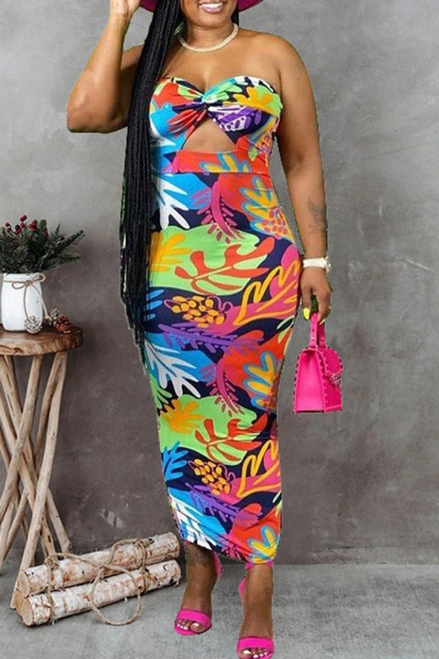 Dresses female | Fashion Plus Size Print Bandeau Maxi Dress Red