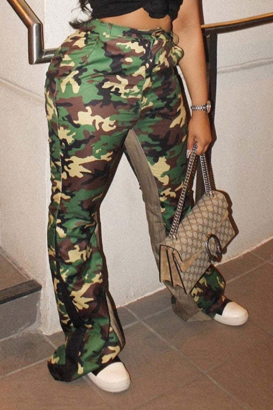 Bottoms female | High Waist Camo Patched Flared Pants Green