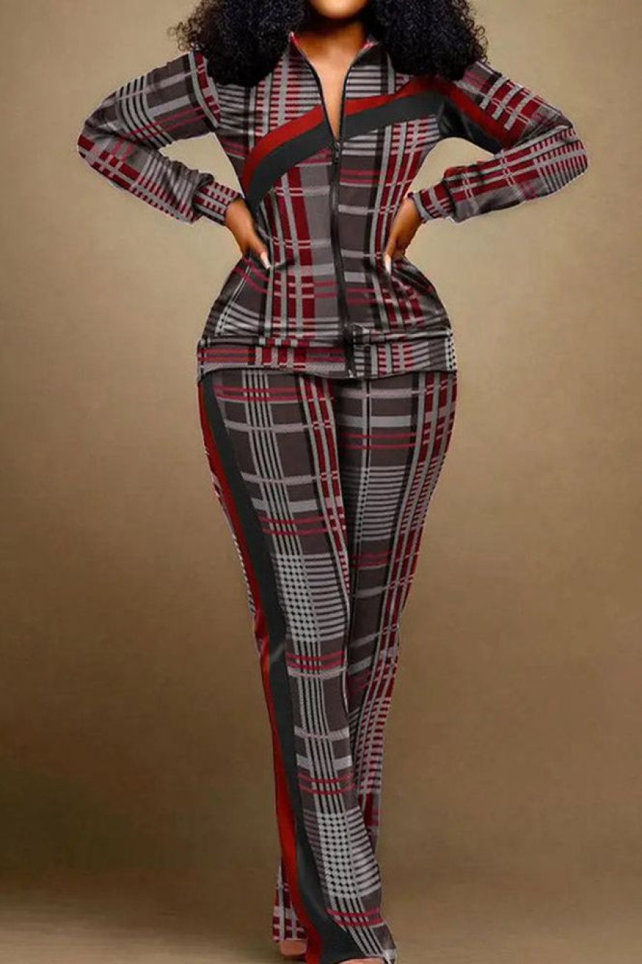 2-Pieces female | Fashion Print Trend Plaid Casual Suit