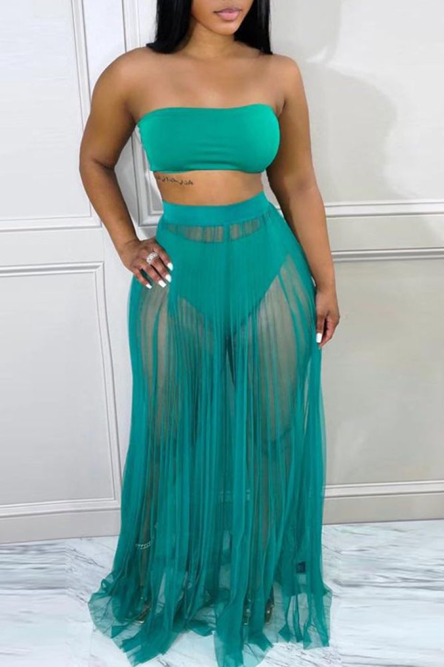 2-Pieces female | Sexy Hollow Tube Top Solid Color Mesh Perspective Long Skirt Suit