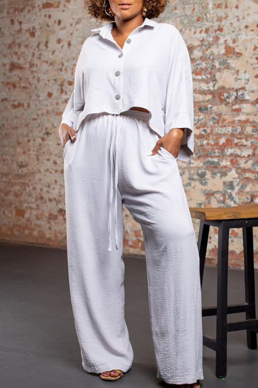 2-Pieces female | Simple Batwing Sleeve Solid Color Short Blouse High Waist Pant Suits