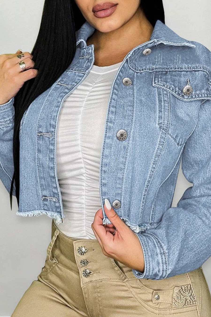 Tops & Outerwear female | Fashion Denim Chains Long Sleeve Lapel Single Breasted Short Jacket