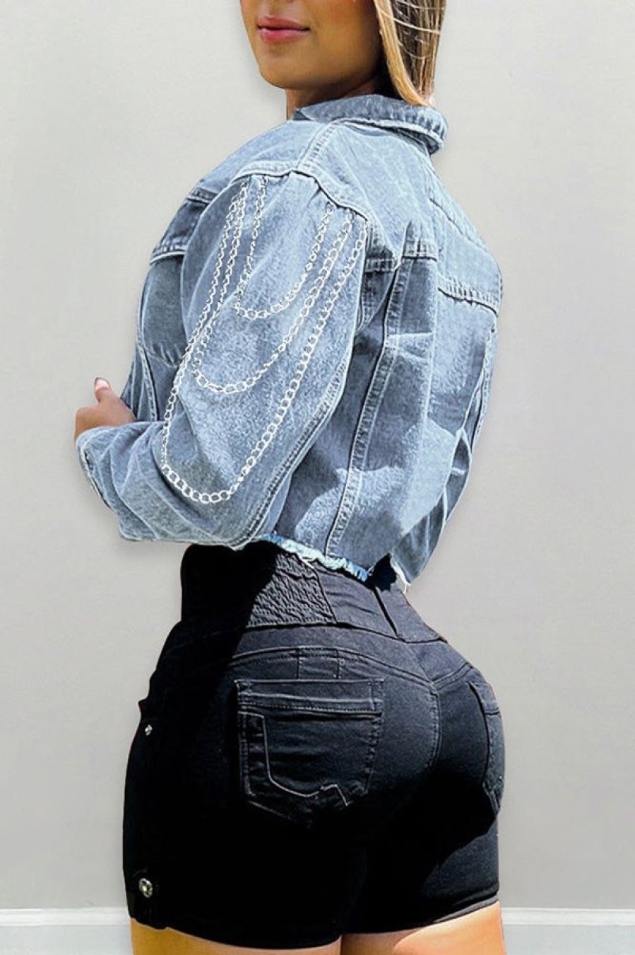 Tops & Outerwear female | Fashion Denim Chains Long Sleeve Lapel Single Breasted Short Jacket