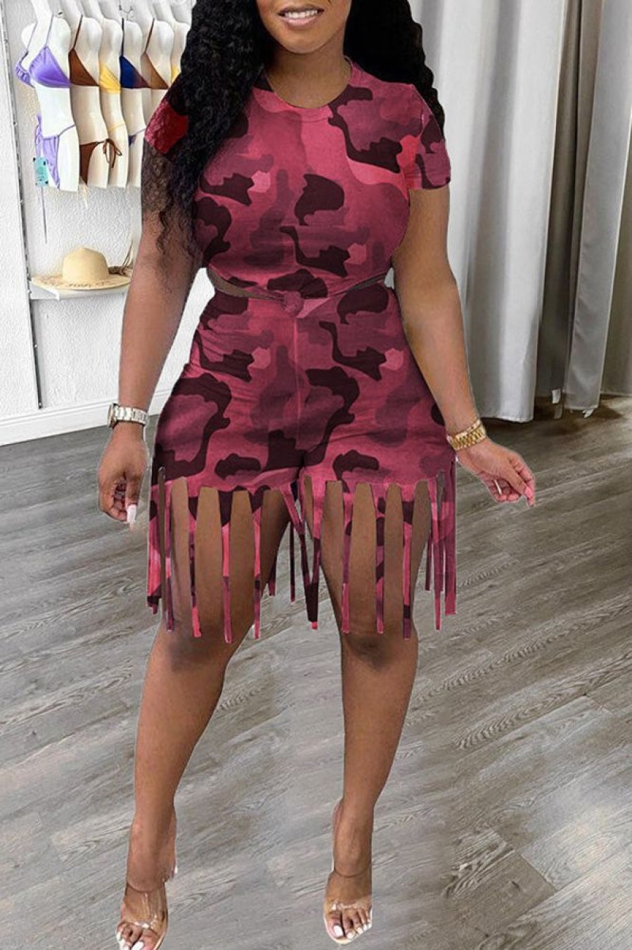 2-Pieces female | Camo Tasseled Short Sleeve Two-Piece Set