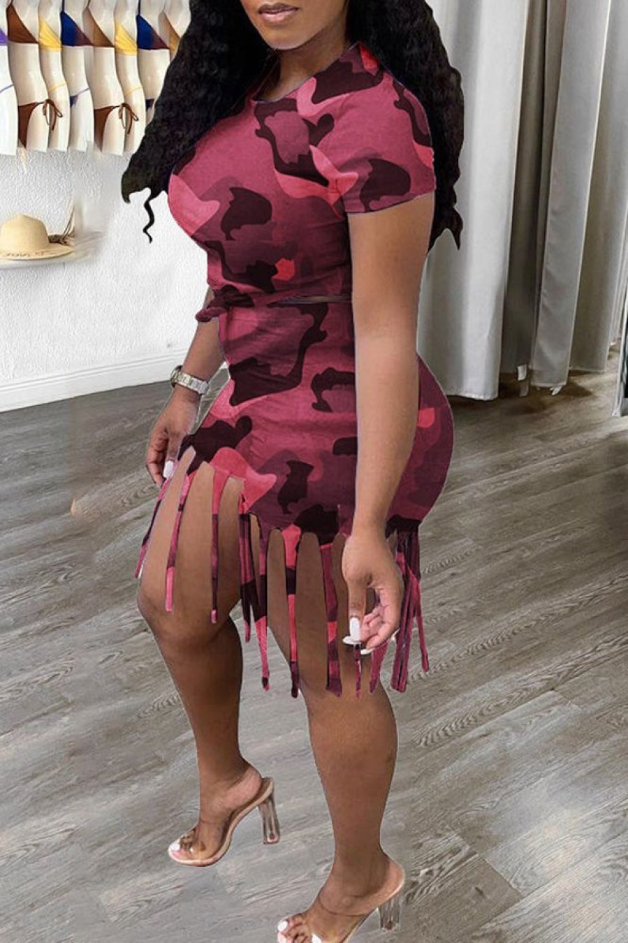 2-Pieces female | Camo Tasseled Short Sleeve Two-Piece Set