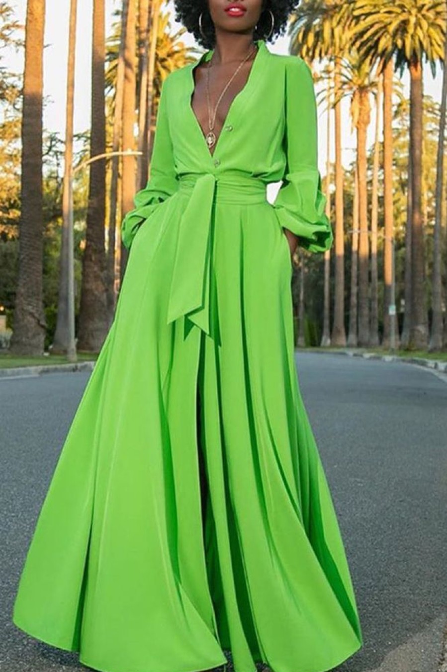 Dresses female | V-Neck Single-Breasted Waist Long-Sleeved Maxi Dress