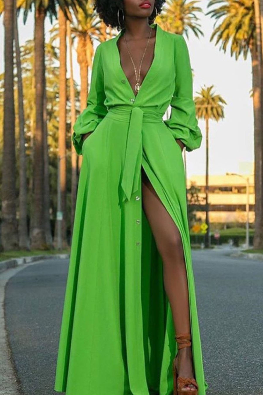 Dresses female | V-Neck Single-Breasted Waist Long-Sleeved Maxi Dress