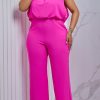 2-Pieces female | Commuter Sleeveless Solid Color Backless Top High Waist Pant Suits Rose Red