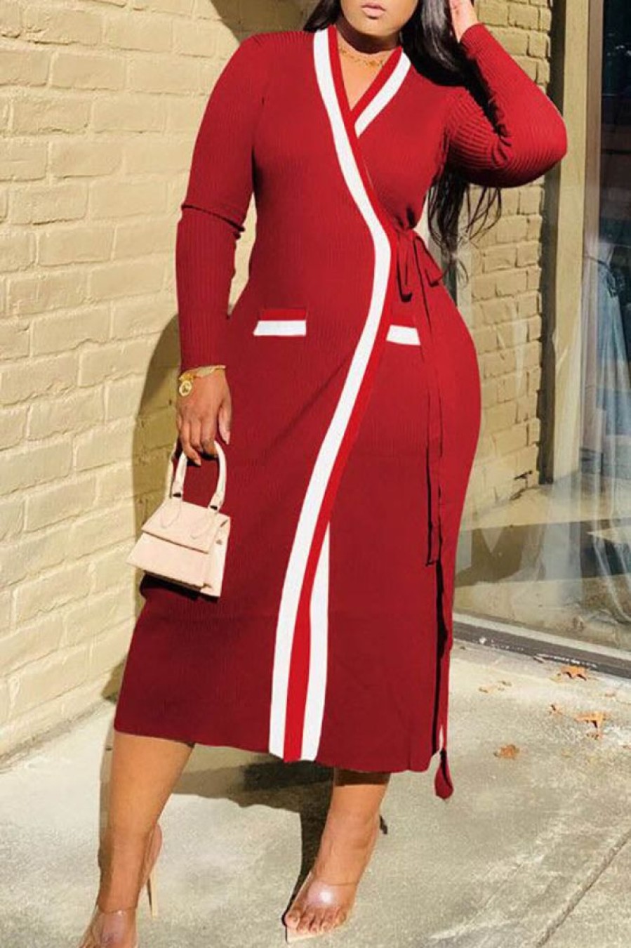 Dresses female | Fashion Color Stitching Long Sleeved Knitted Maxi Dress