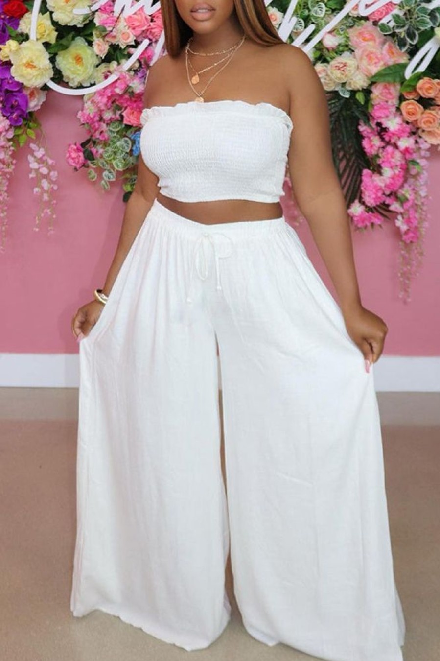 2-Pieces female | Solid Ruffled Edge Wrap Chest Wide Leg Pants Two-Piece Set White