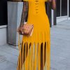 Dresses female | Sexy Solid Color Short Sleeve Lace-Up Neck Slim Fit Tassels Maxi Dress