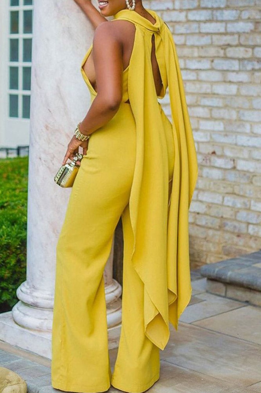 Jumpsuits & Rompers female | Solid Sleeveless Backless Ribbon Plus Size Jumpsuit Yellow