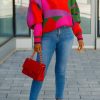 Tops & Outerwear female | Fashion Contrast Loose Casual Knit Sweater Red