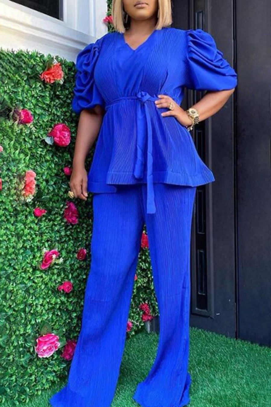 2-Pieces female | Temperament Plus Size Puff Sleeve Pleated Lace-Up Solid Color Top Wide-Leg Pant Suits