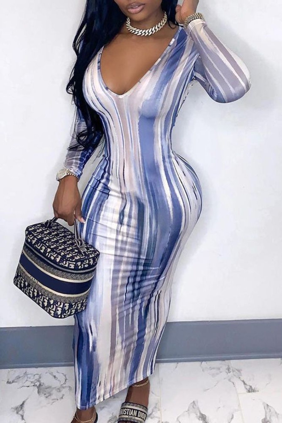 Dresses female | V-Neck Long Sleeve Sexy Abstract Striped Print Dress