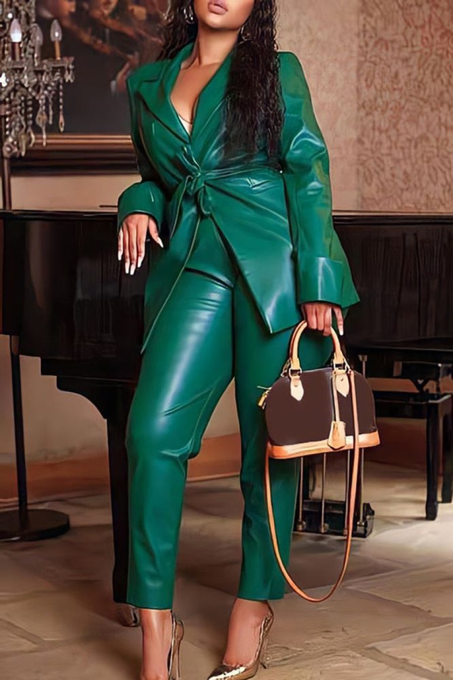 2-Pieces female | Commuter Faux Leather Lace-Up Solid Color Blazer High Waist Straight Pant Suits Green