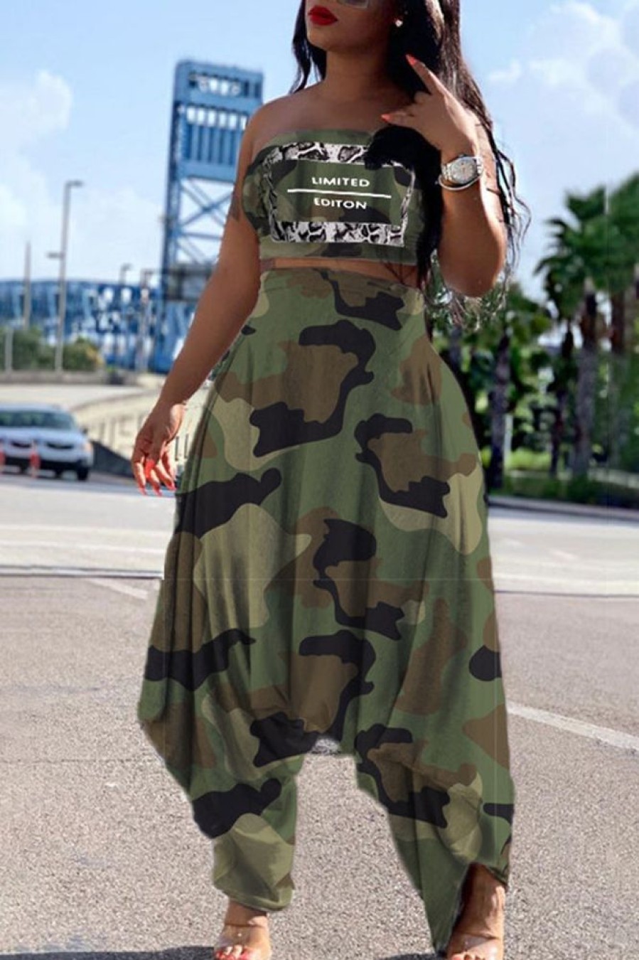 2-Pieces female | Fashion Camouflage Chest Wrap Harem Pants Two-Piece Suit Army Green