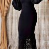 Dresses female | Elegant Lace Stitching Lantern Sleeve Slim Maxi Dress Black