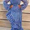 Dresses female | Pretty Print Long Sleeve Round Neck Irregular Ruffle Maxi Dress Blue