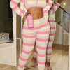 2-Pieces female | Fashion Knitted Striped Short Camisole Cardigan Leggings Three-Piece Suits Pink