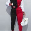 2-Pieces female | Contrast Colorblock Pocketed Baseball Jacket & Pants Set