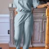 2-Pieces female | Sporty Short Sleeve Solid Color Hooded Top Pant Suits