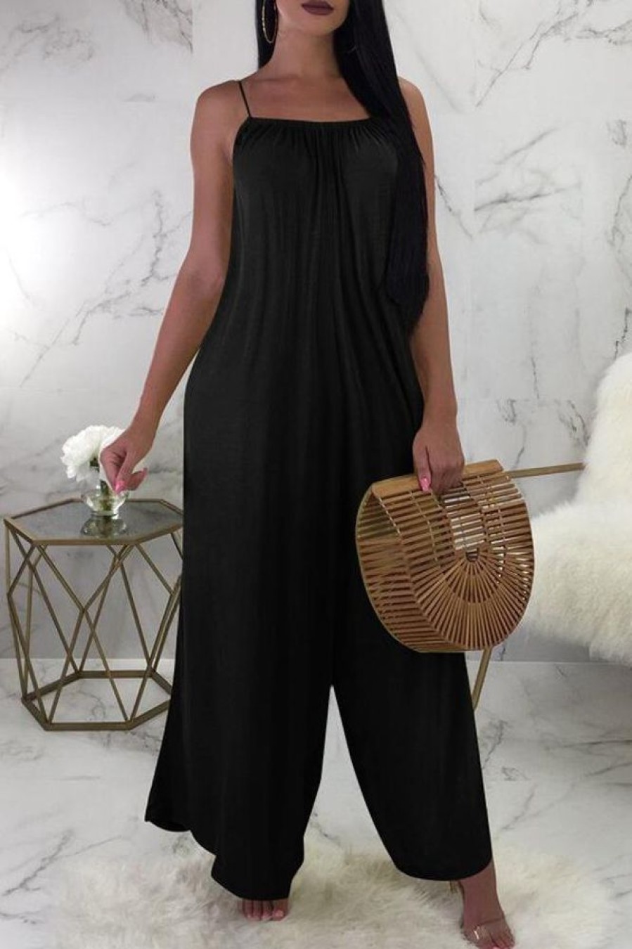 Jumpsuits & Rompers female | Solid Color Sleeveless Loose Jumpsuit Black