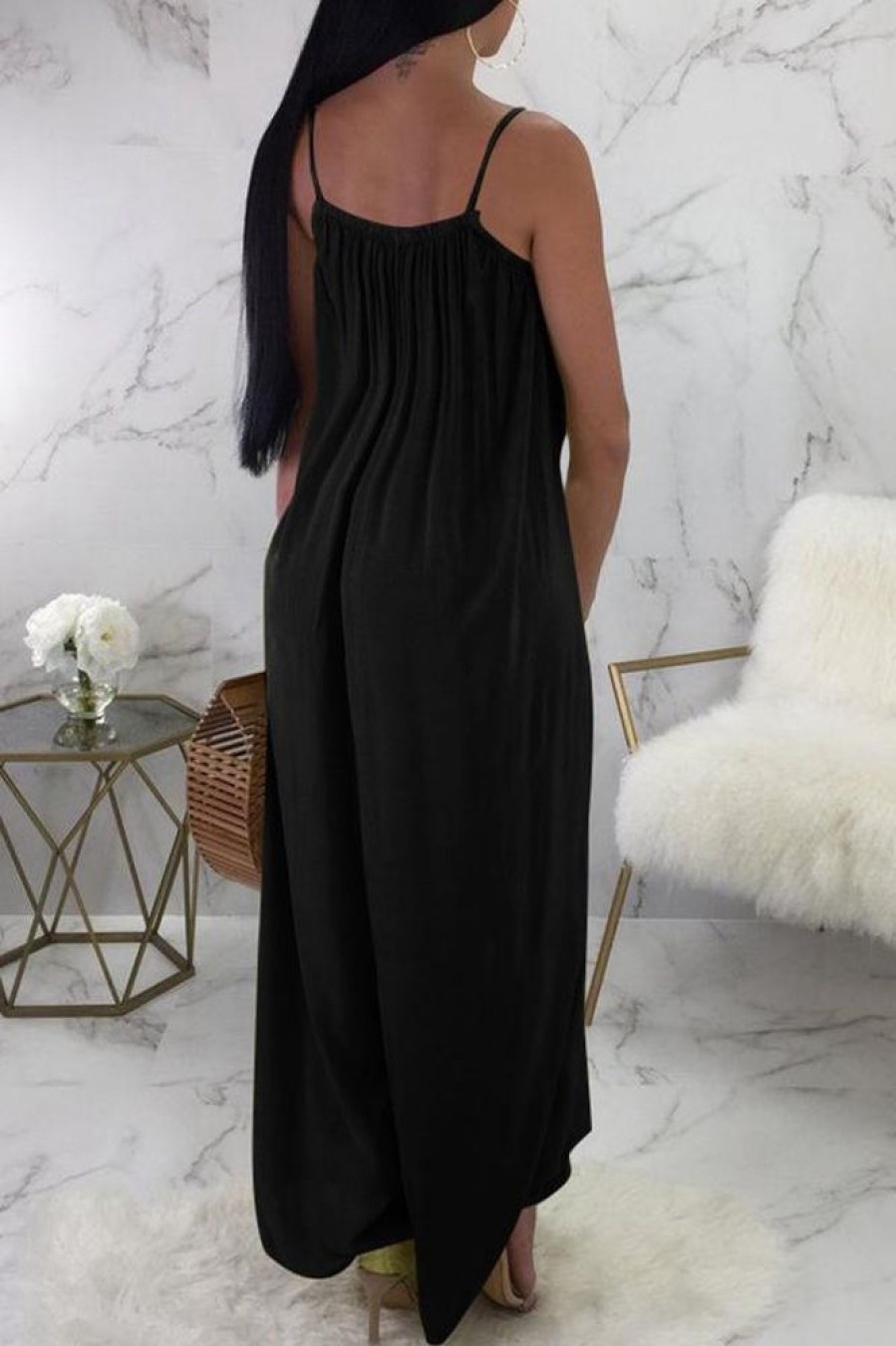 Jumpsuits & Rompers female | Solid Color Sleeveless Loose Jumpsuit Black