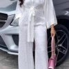 Jumpsuits & Rompers female | Simple V-Neck Lace Up Leopard 3/4 Length Sleeve Wide Leg Jumpsuits White