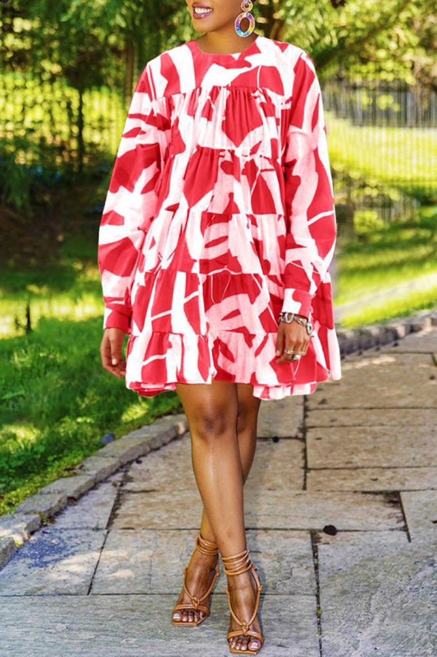 Dresses female | Casual Print Long Sleeve Round Neck Loose Mini Dress Red